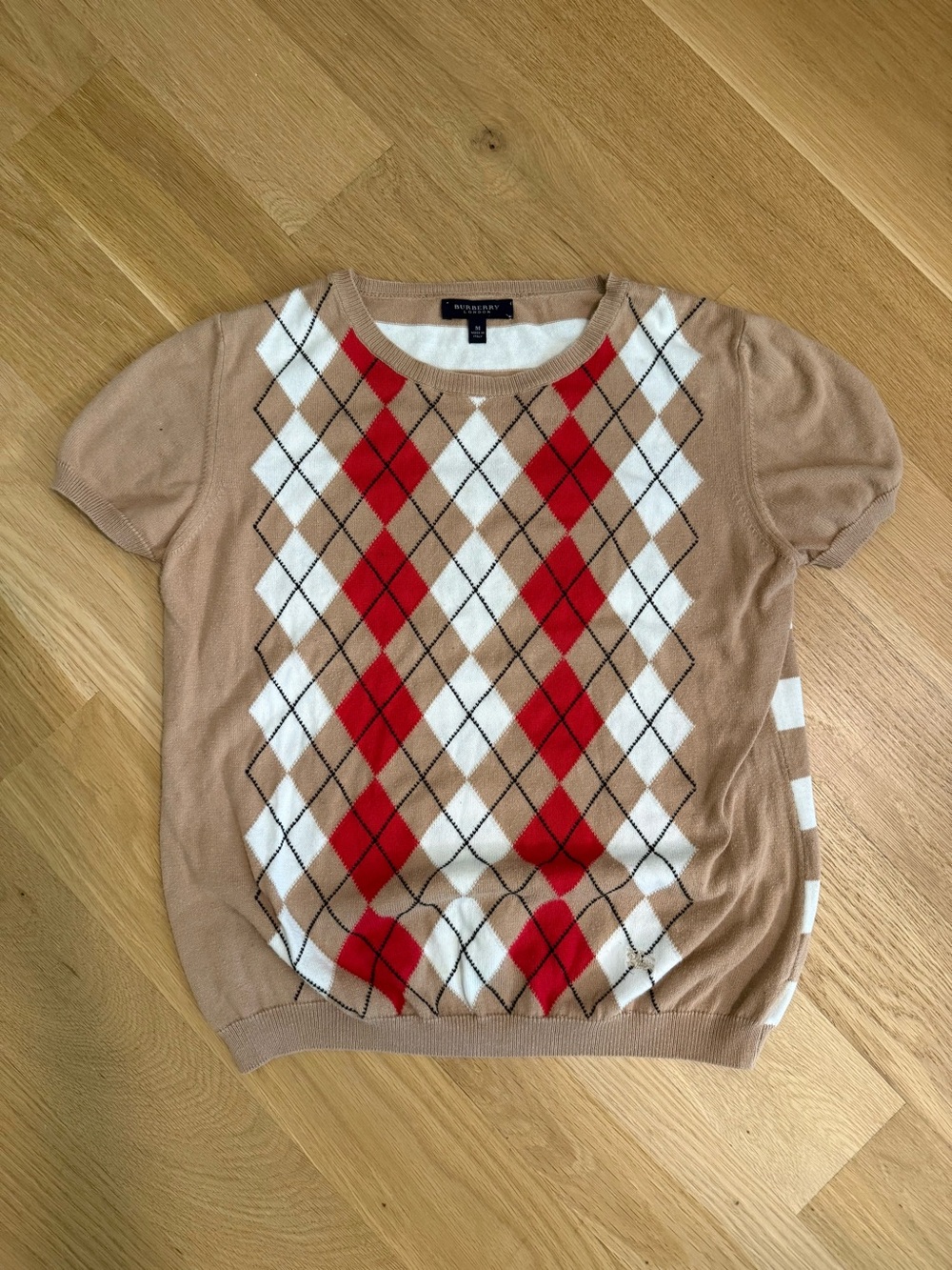 Burberry London Argyle Knit Top M Preppy Quiet Luxury Short Sleeve Sweater